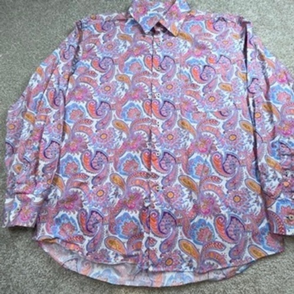 Alan Flusser Mens Large Paisley Button Down Shirt Pink Blue Cotton Long Sleeve
